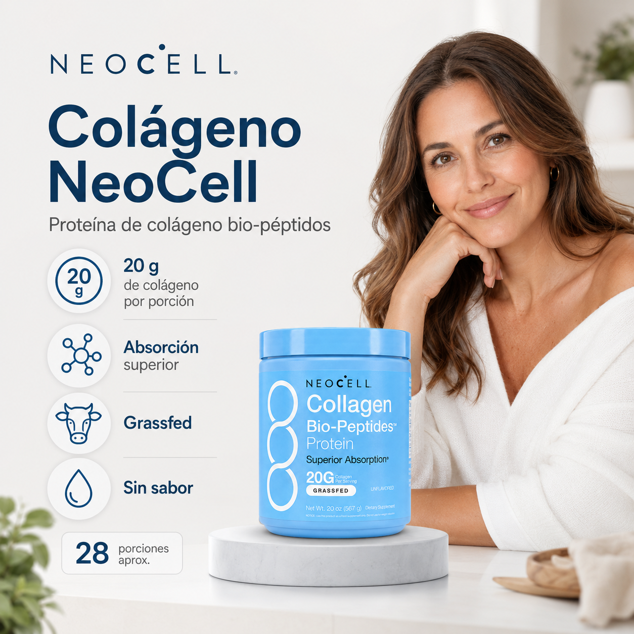 Neocell - Colágeno Hidrolizado Bio-Péptidos Grassfed | 20 g de Colágeno + 18 g de Proteína | Absorción Superior y Sin Sabor