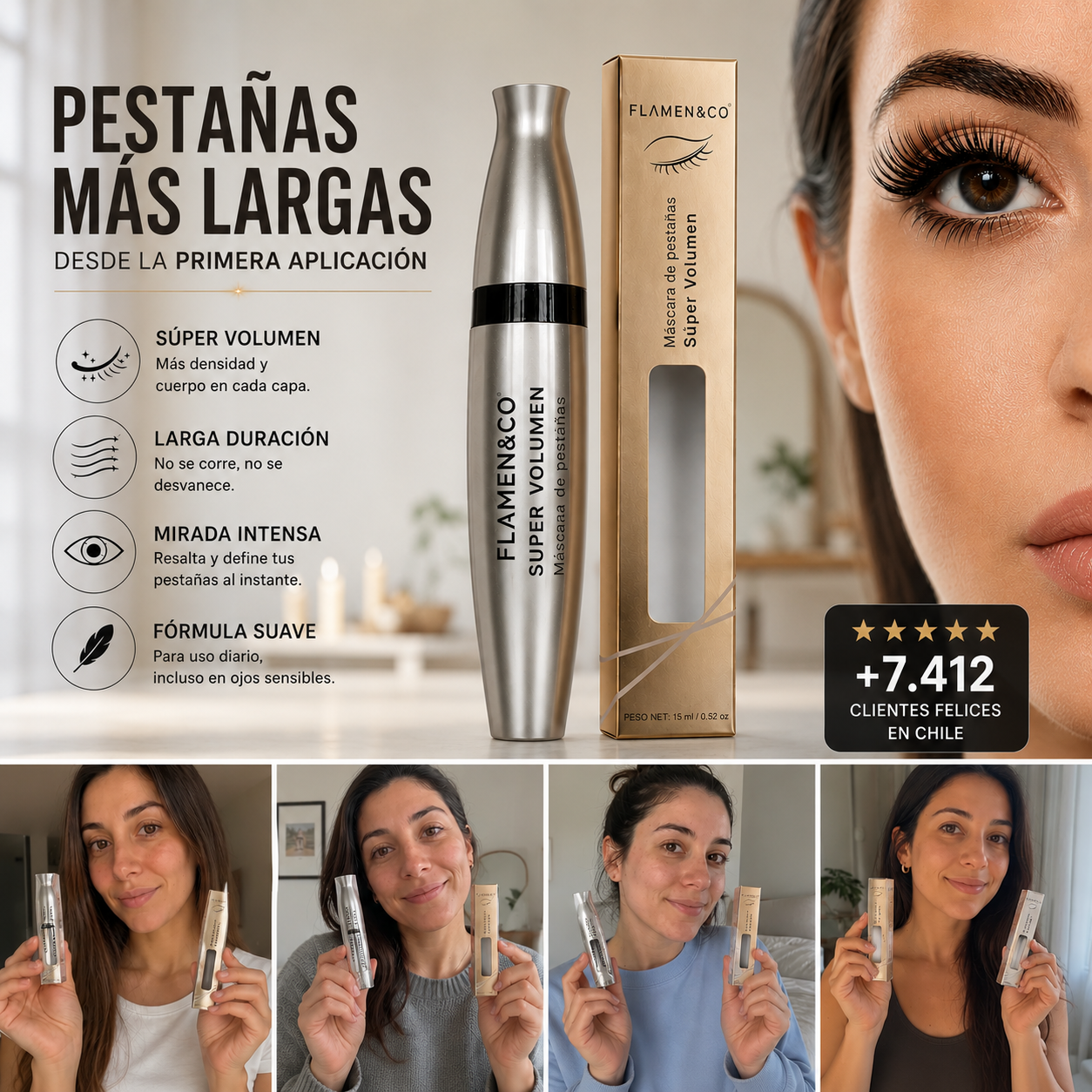 Máscara de pestaña Flamen&Co®  - Volumen real desde la primera pasada