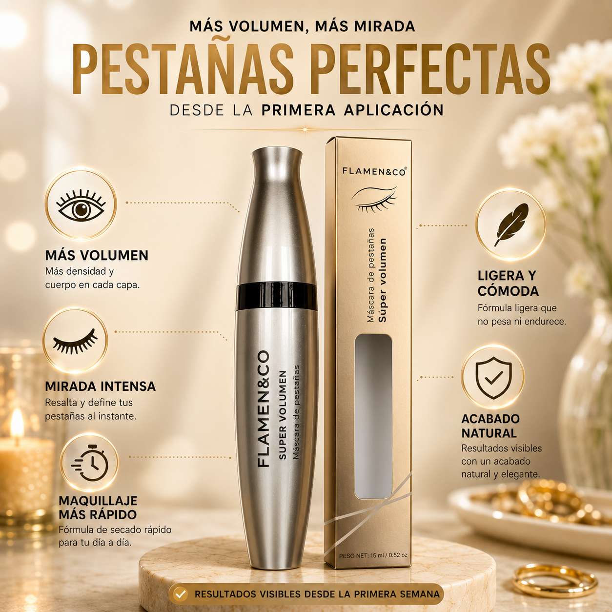 Máscara de pestaña Flamen&Co®  - Volumen real desde la primera pasada
