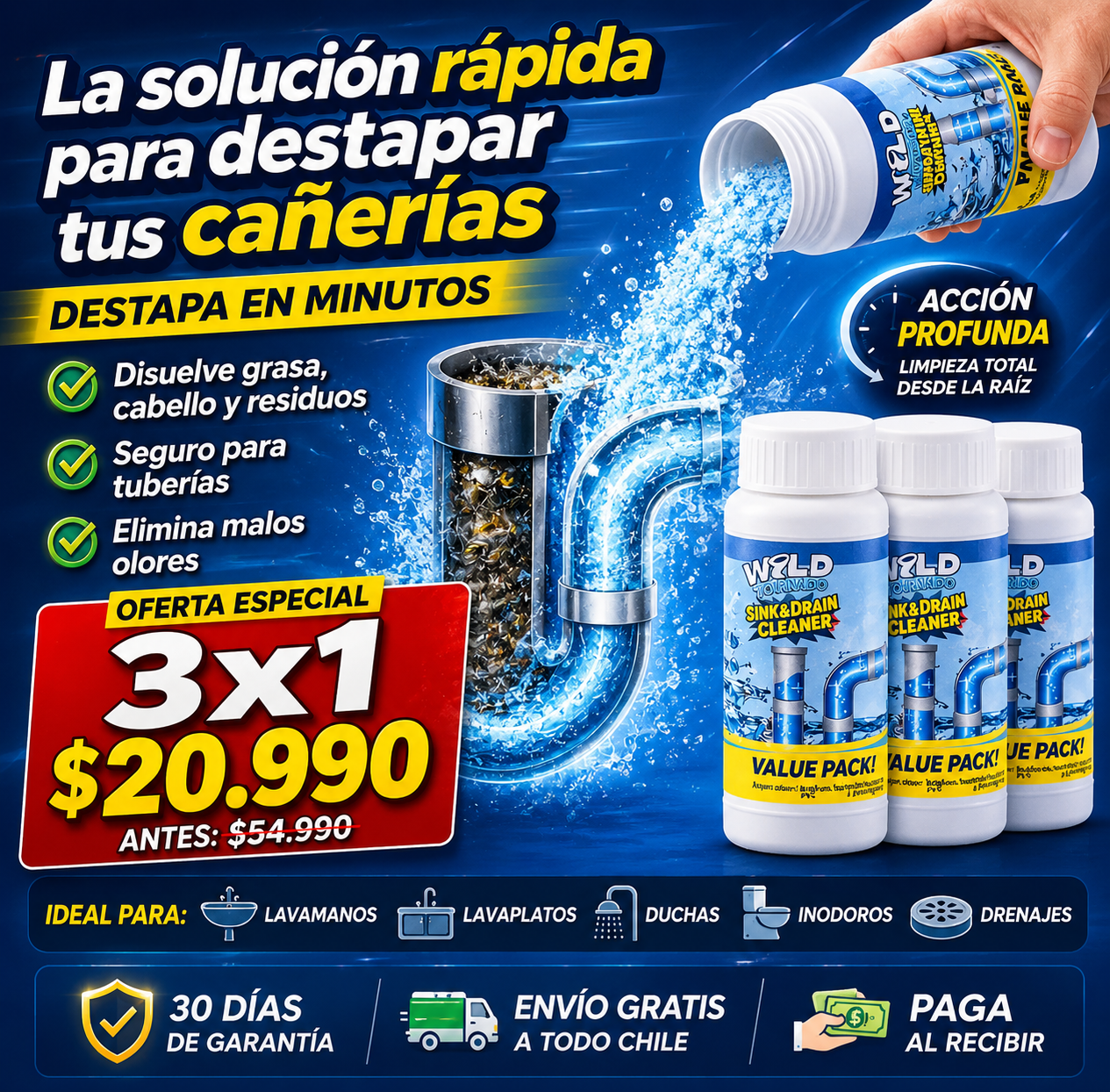 Pack 3x1 - Polvo Destapa Cañerías Formula Profesional